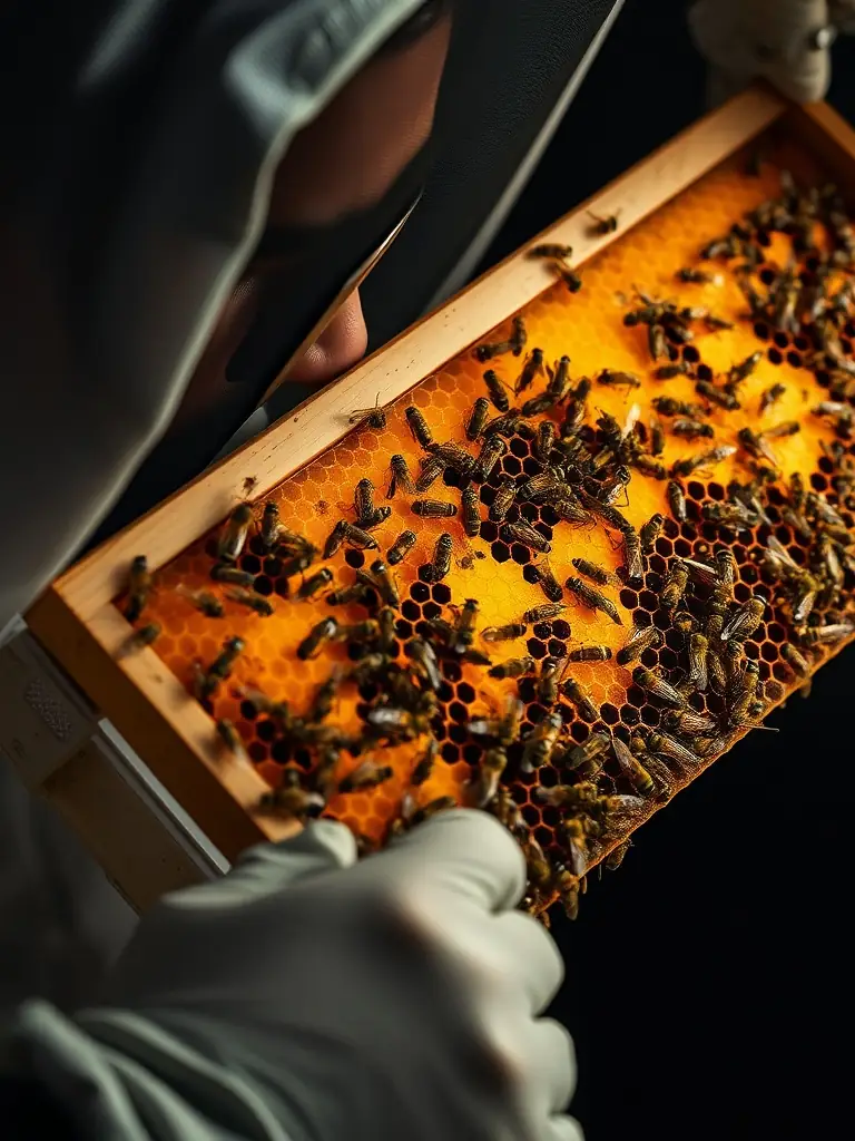 A close-up of a honeycomb filled with light-colored honey, with bees busily working on the comb.