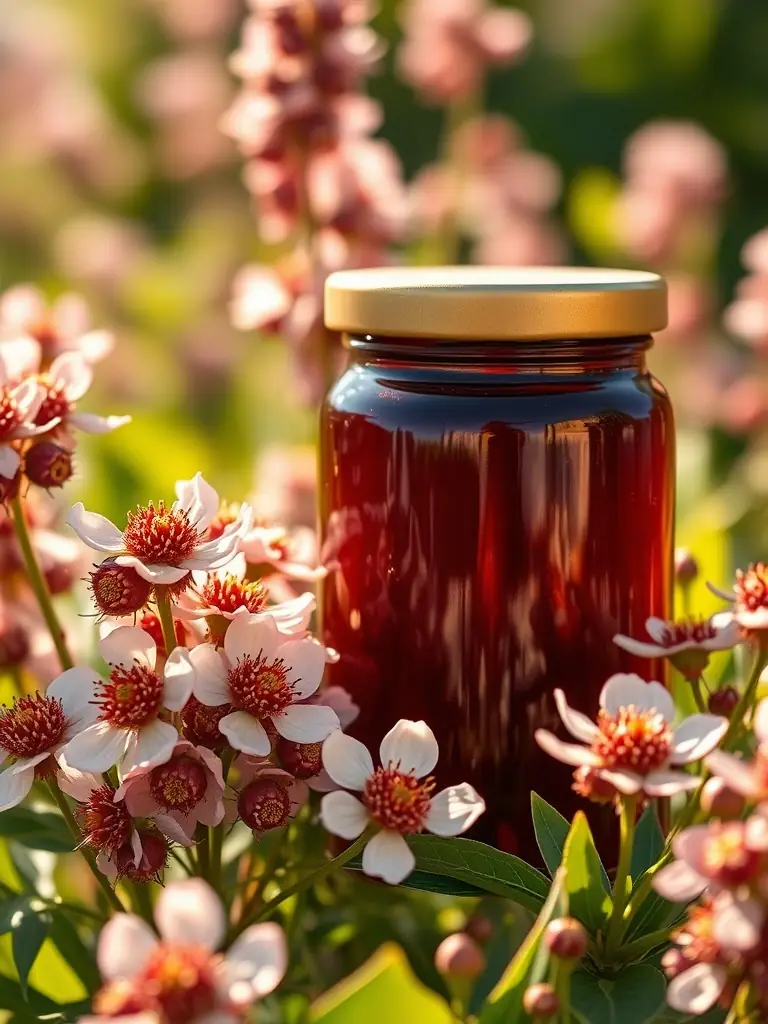 A jar of dark amber Buckwheat honey with a thick, rich texture, displayed next to a field of blooming buckwheat flowers.
