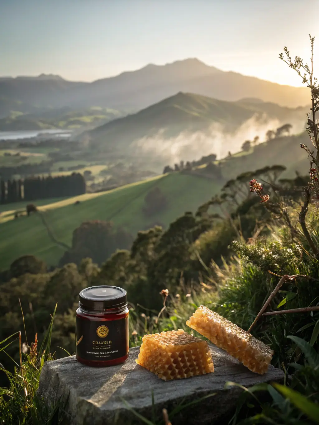 A vibrant image of a jar of golden tropical honey, surrounded by colorful exotic flowers and lush greenery.