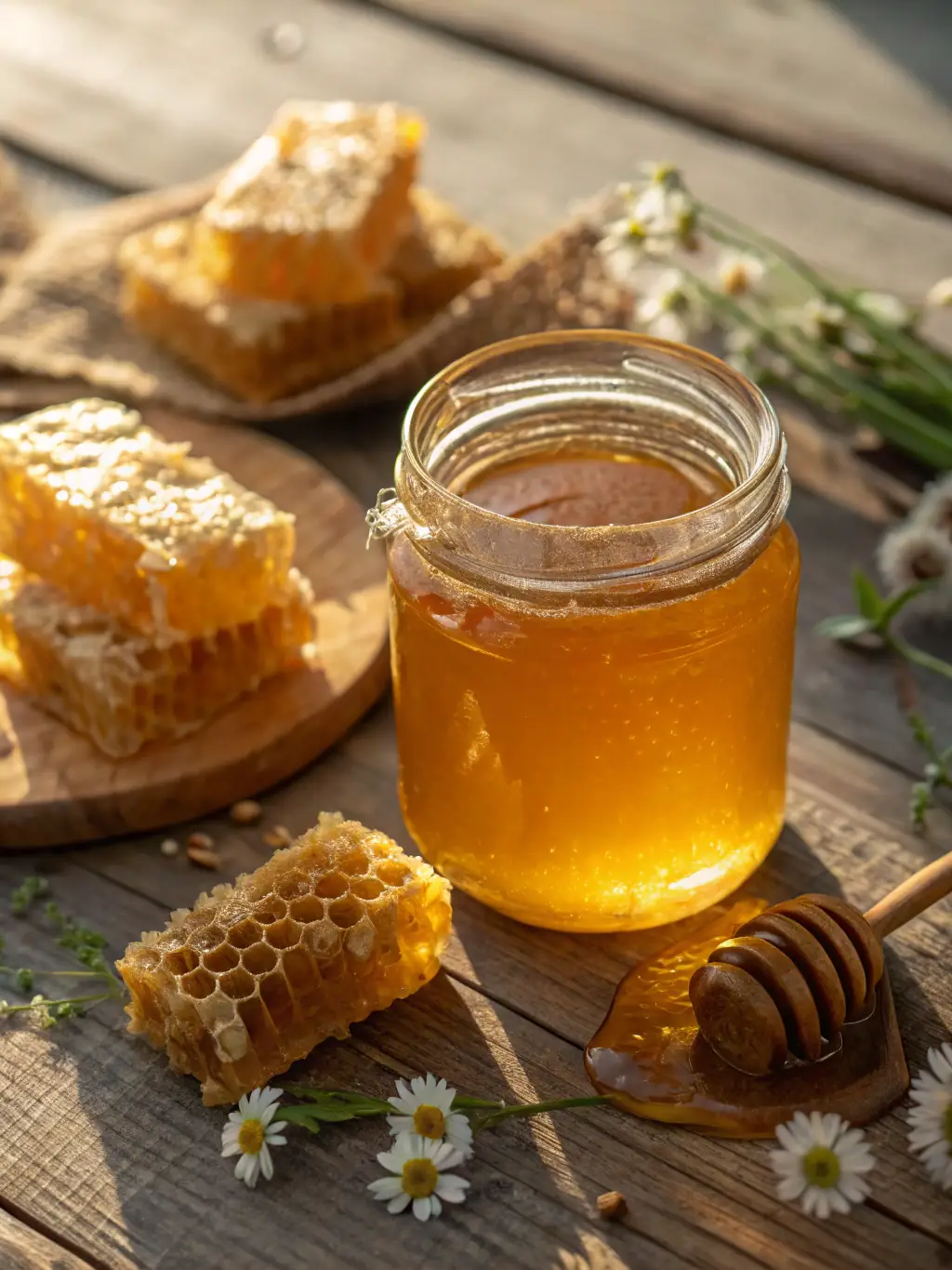 A close-up shot of a jar of dark amber forest honey, with a wooden dipper drizzling honey, set against a backdrop of a lush green forest.