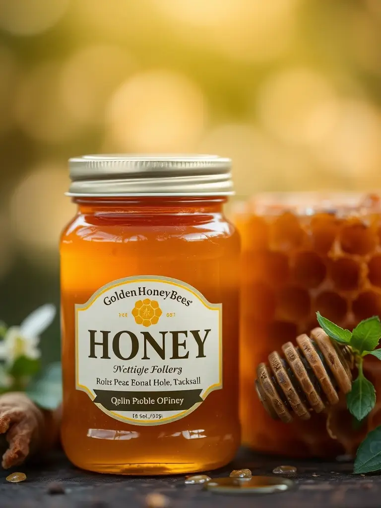 Image of a jar of creamy white Clover honey, showcasing its smooth texture and subtle sweetness, set against a backdrop of clover fields.